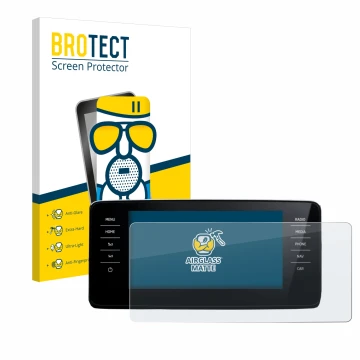 Front side of a product packaging with the brand logo BROTECT. Next to it is the device Skoda Scala Infosystem Amundsen 9.2