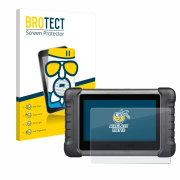 Front side of a product packaging with the brand logo BROTECT. Next to it is the device Autel MaxiCheck MX808s shown with the 