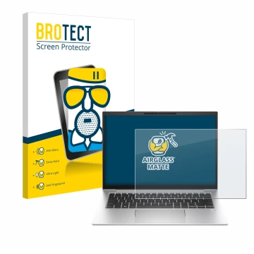 Front side of a product packaging with the brand logo BROTECT. Next to it is the device HP EliteBook 840 G10 shown with the co