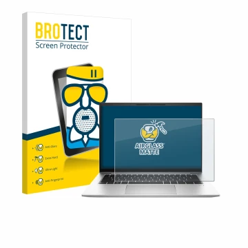 Front side of a product packaging with the brand logo BROTECT. Next to it is the device HP EliteBook 845 G10 shown with the co