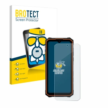 Front side of a product packaging with the brand logo BROTECT. Next to it is the device Hotwav Cyber 13 Pro shown with the cor