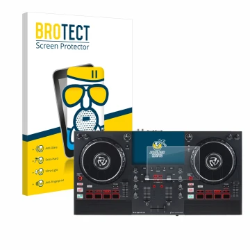 Front side of a product packaging with the brand logo BROTECT. Next to it is the device Numark Mixstream Pro+ shown with the c