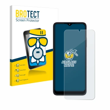 Front side of a product packaging with the brand logo BROTECT. Next to it is the device Telekom T Phone (2023) shown with the 