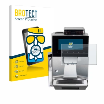 Front side of a product packaging with the brand logo BROTECT. Next to it is the device Siemens EQ900 TQ903D03 shown with the 