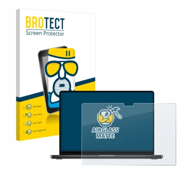 Front side of a product packaging with the brand logo BROTECT. Next to it is the device Apple MacBook Pro 16