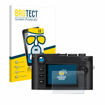 Front side of a product packaging with the brand logo BROTECT. Next to it is the device Leica M11-P shown with the correspondi