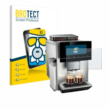 Front side of a product packaging with the brand logo BROTECT. Next to it is the device Siemens EQ900 TQ907D03 shown with the 