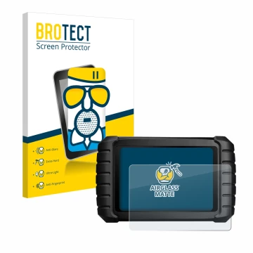 Front side of a product packaging with the brand logo BROTECT. Next to it is the device iCarsoft CR Max shown with the corresp