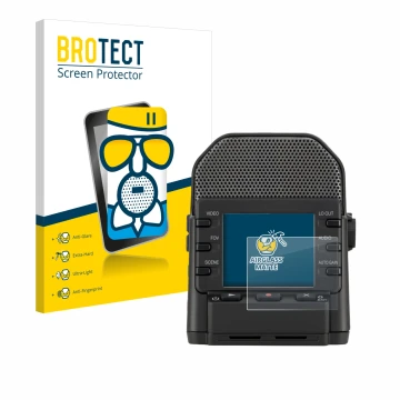 Front side of a product packaging with the brand logo BROTECT. Next to it is the device Zoom Q2n-4K shown with the correspondi