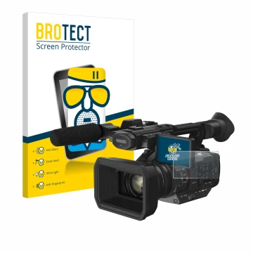 Front side of a product packaging with the brand logo BROTECT. Next to it is the device Panasonic HC-X2 shown with the corresp