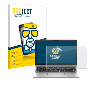Front side of a product packaging with the brand logo BROTECT. Next to it is the device HP ProBook 445 G10 shown with the corr