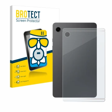 Front side of a product packaging with the brand logo BROTECT. Next to it is the device Samsung Galaxy Tab A9 WiFi (Back) show
