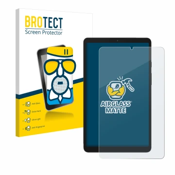Front side of a product packaging with the brand logo BROTECT. Next to it is the device Samsung Galaxy Tab A9 LTE shown with t