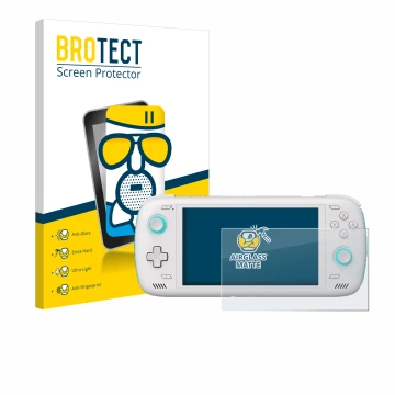 Front side of a product packaging with the brand logo BROTECT. Next to it is the device AYN Odin 2 shown with the correspondin
