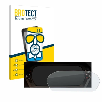 Front side of a product packaging with the brand logo BROTECT. Next to it is the device Audi A3 2023 Virtual cockpit shown wit