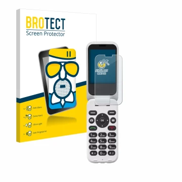 Front side of a product packaging with the brand logo BROTECT. Next to it is the device Doro 6820 shown with the corresponding
