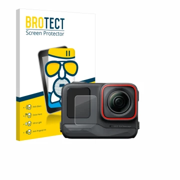 Front side of a product packaging with the brand logo BROTECT. Next to it is the device Insta360 Ace Pro (Front display) shown