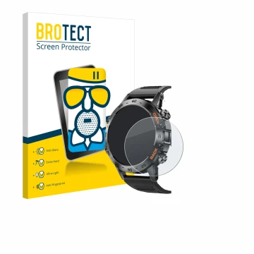 Front side of a product packaging with the brand logo BROTECT. Next to it is the device Lemfo Smartwatch 1.39