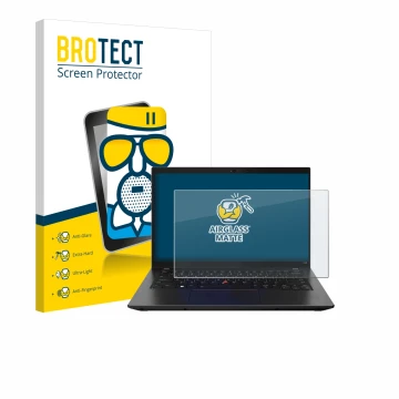 Front side of a product packaging with the brand logo BROTECT. Next to it is the device Lenovo ThinkPad L14 Gen 3 shown with t