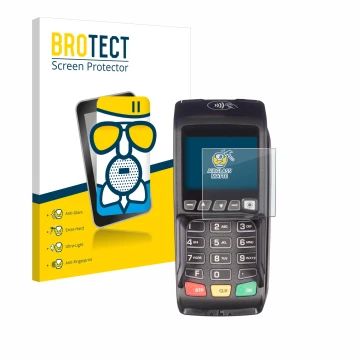 Front side of a product packaging with the brand logo BROTECT. Next to it is the device ingenico Desk/3500 shown with the corr