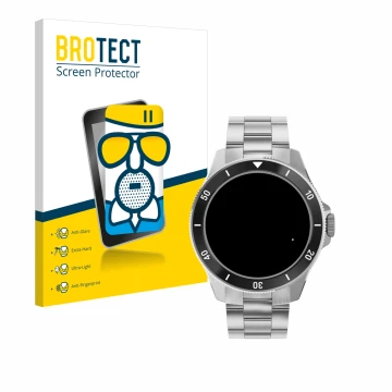 Front side of a product packaging with the brand logo BROTECT. Next to it is the device Withings ScanWatch Nova (42 mm) shown 
