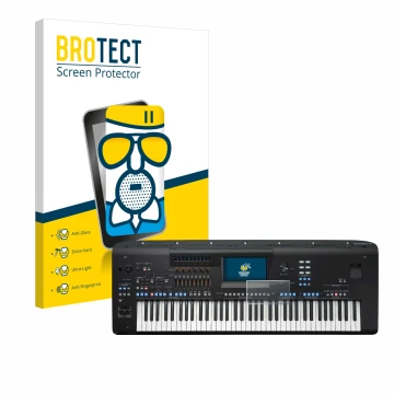 Front side of a product packaging with the brand logo BROTECT. Next to it is the device Yamaha Genos2 shown with the correspon