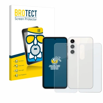 Front side of a product packaging with the brand logo BROTECT. Next to it is the device Samsung Galaxy S23 FE (Front+Back) sho