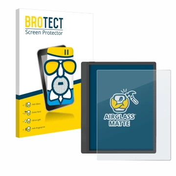 Front side of a product packaging with the brand logo BROTECT. Next to it is the device Boox Tab Ultra C Pro shown with the co