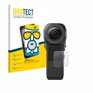 Front side of a product packaging with the brand logo BROTECT. Next to it is the device Insta360 One RS 1-Zoll 360 shown with 