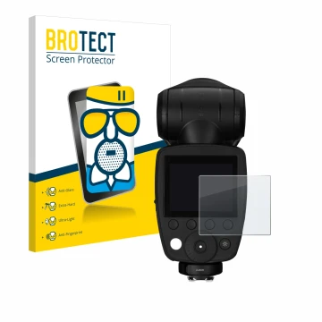 Front side of a product packaging with the brand logo BROTECT. Next to it is the device Profoto A10 shown with the correspondi