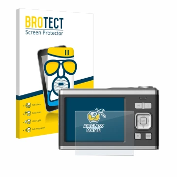 Front side of a product packaging with the brand logo BROTECT. Next to it is the device Rollei Compactline 10X shown with the 