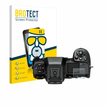 Front side of a product packaging with the brand logo BROTECT. Next to it is the device Nikon Z 8 (top plate display) shown wi
