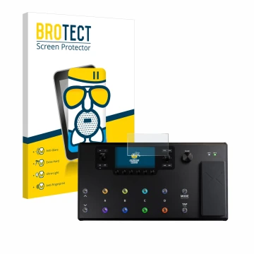 Front side of a product packaging with the brand logo BROTECT. Next to it is the device Line 6 Helix LT shown with the corresp