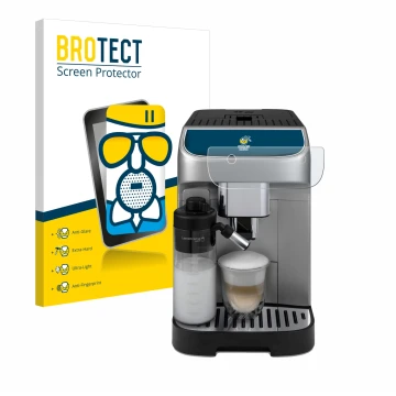 Front side of a product packaging with the brand logo BROTECT. Next to it is the device DeLonghi Magnifica Plus shown with the
