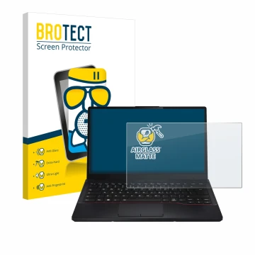 Front side of a product packaging with the brand logo BROTECT. Next to it is the device Fujitsu Lifebook E5412 shown with the 