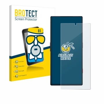Front side of a product packaging with the brand logo BROTECT. Next to it is the device ZTE Nubia Red Magic 8 Pro shown with t