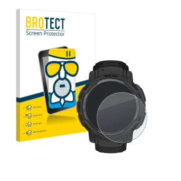 Front side of a product packaging with the brand logo BROTECT. Next to it is the device Garmin Instinct Crossover AMOLED shown