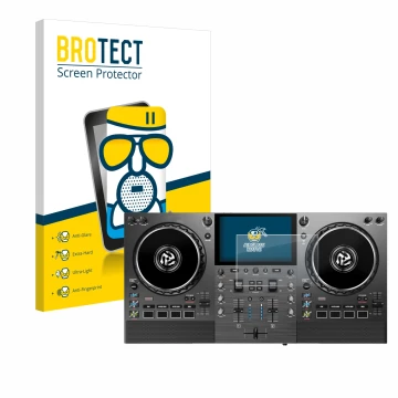 Front side of a product packaging with the brand logo BROTECT. Next to it is the device Numark Mixstream Pro Go shown with the
