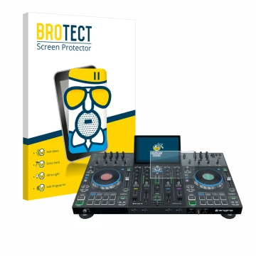 Front side of a product packaging with the brand logo BROTECT. Next to it is the device Denon DJ Prime 4+ shown with the corre