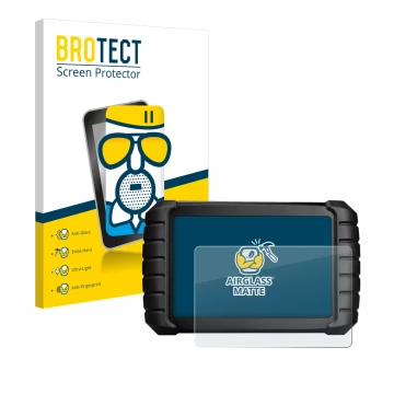 Front side of a product packaging with the brand logo BROTECT. Next to it is the device iCarsoft CR Max BT (2024) shown with t