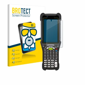 Front side of a product packaging with the brand logo BROTECT. Next to it is the device Zebra MC9400 shown with the correspond