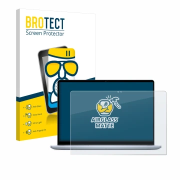 Front side of a product packaging with the brand logo BROTECT. Next to it is the device Dell Inspiron 16 7640 2-in-1 shown wit