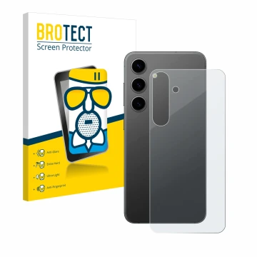 Front side of a product packaging with the brand logo BROTECT. Next to it is the device Samsung Galaxy S24 Plus (Back) shown w