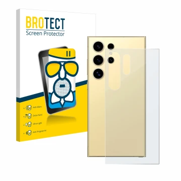 Front side of a product packaging with the brand logo BROTECT. Next to it is the device Samsung Galaxy S24 Ultra (Back) shown 