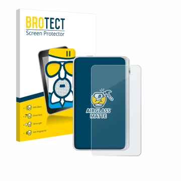 Front side of a product packaging with the brand logo BROTECT. Next to it is the device Timekettle Fluentalk T1 Mini shown wit