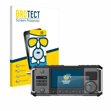 Front side of a product packaging with the brand logo BROTECT. Next to it is the device Xiegu X6200 shown with the correspondi