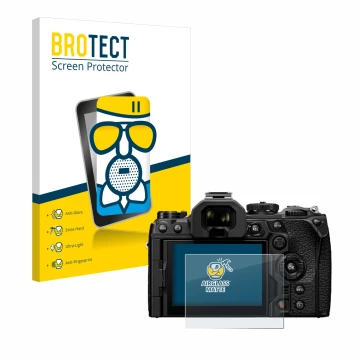 Front side of a product packaging with the brand logo BROTECT. Next to it is the device Olympus OM System OM-1 Mark II shown w