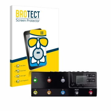 Front side of a product packaging with the brand logo BROTECT. Next to it is the device Line 6 hx stomp XL shown with the corr