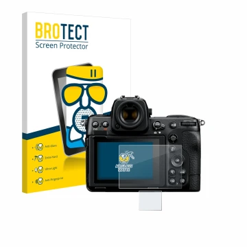 Front side of a product packaging with the brand logo BROTECT. Next to it is the device Nikon Z 8 (Display + top plate display