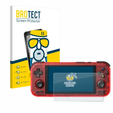 Front side of a product packaging with the brand logo BROTECT. Next to it is the device Retroid Pocket 4 Pro shown with the co